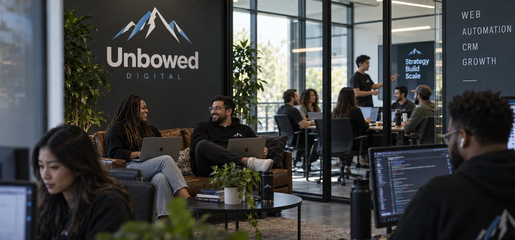 A studio lounge with the Unbowed mark on the wall and people working on laptops