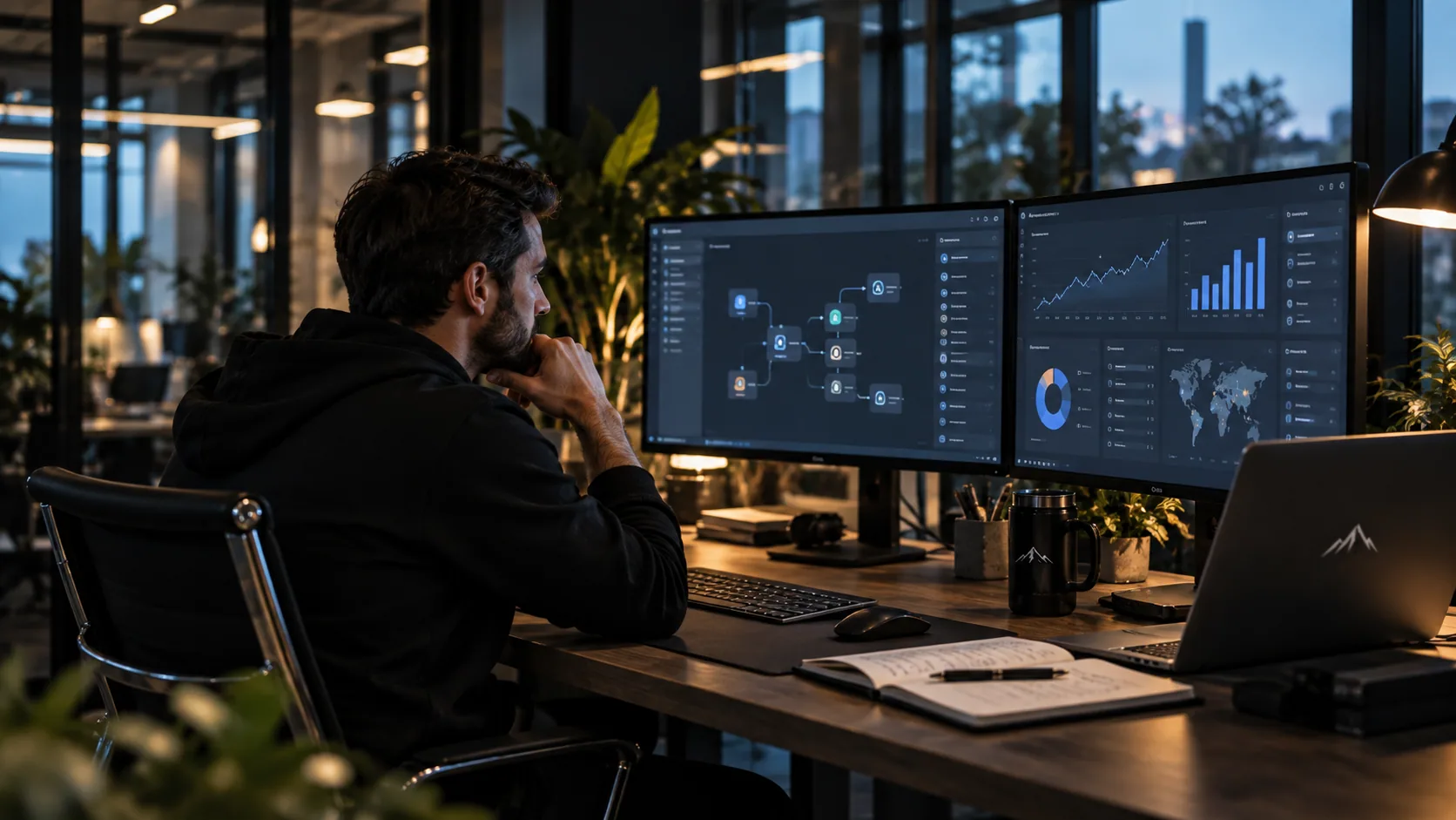 Reviewing pipeline analytics across two monitors