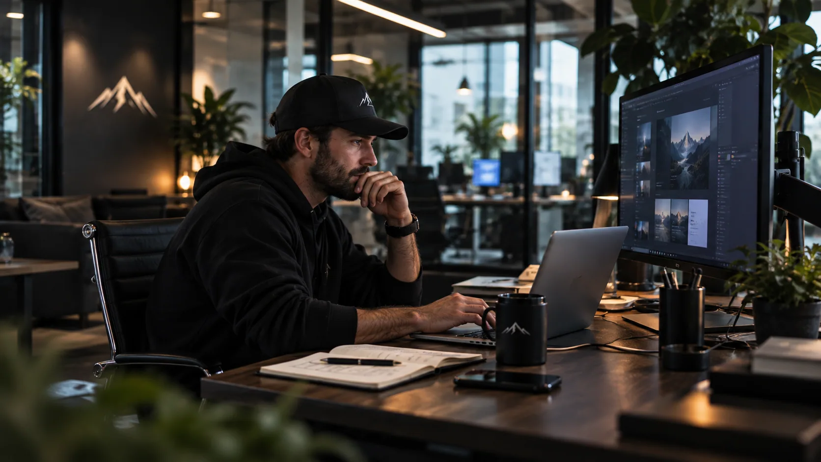 Working through a layout at a desk with two monitors